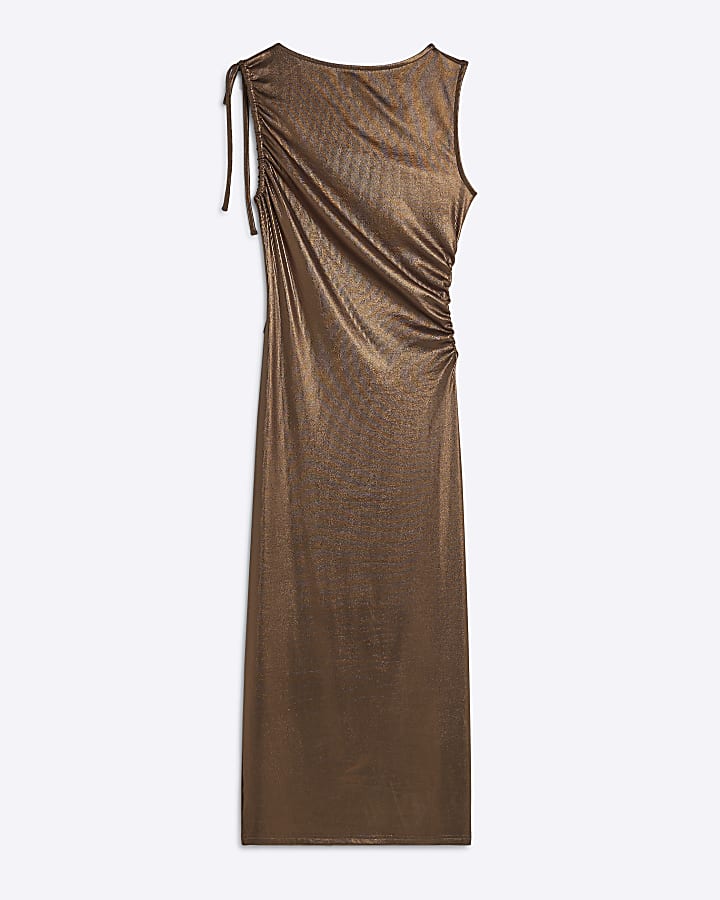 Bronze Metallic Ruched Ribbed Midi Dress