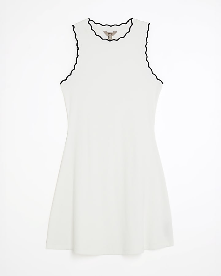 White Sleeveless Scallop Trim Mini Dress