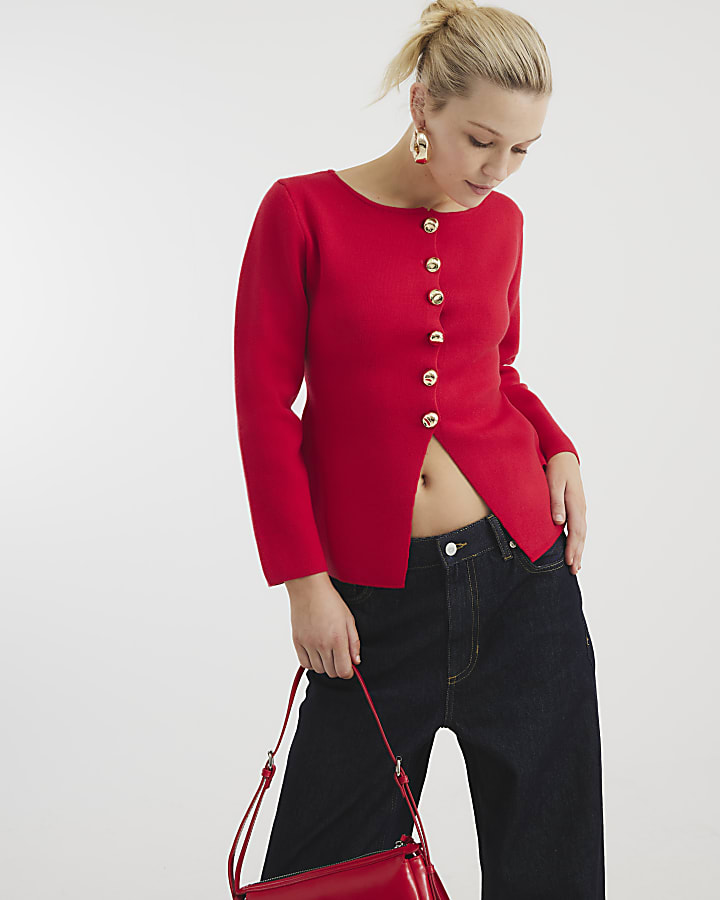 Red Knit Button Cardigan