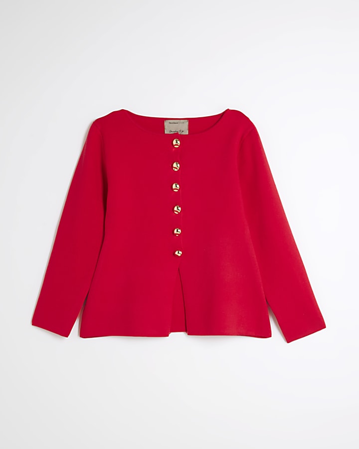 Red Knit Button Cardigan