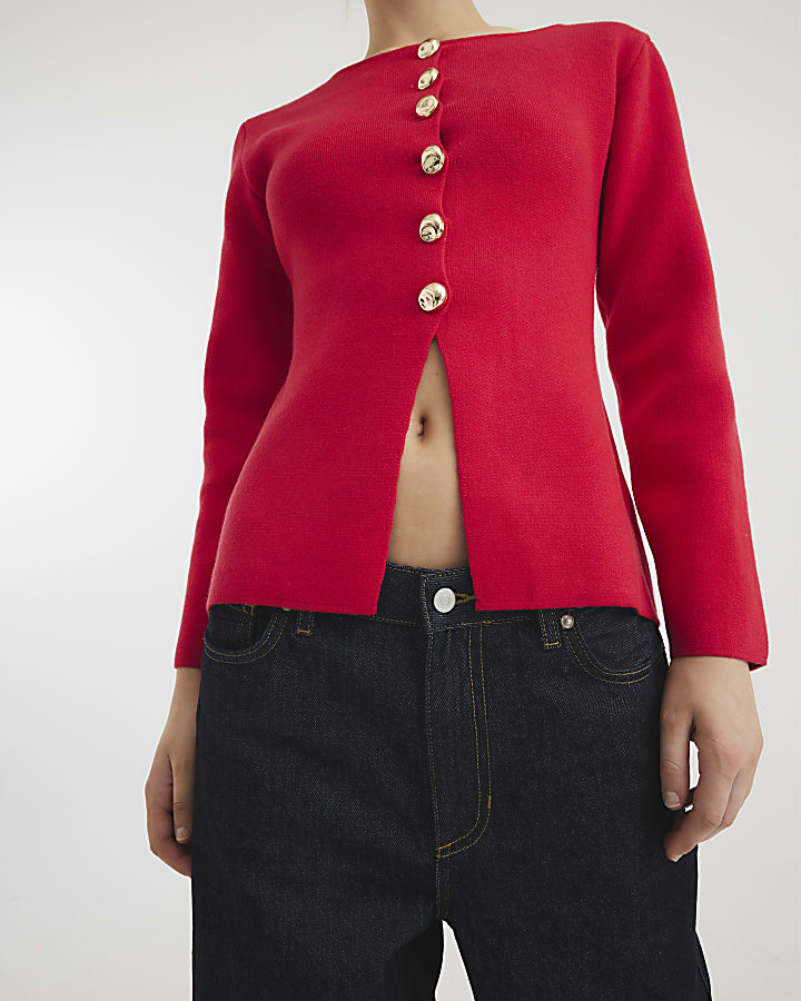 Red Knit Button Cardigan