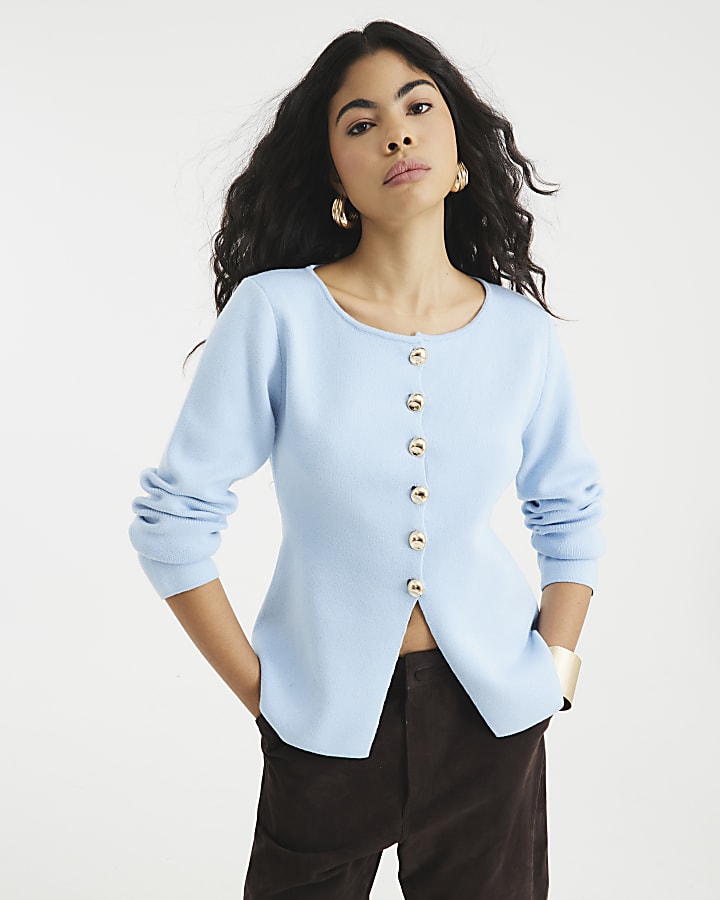 Blue Knit Button Cardigan