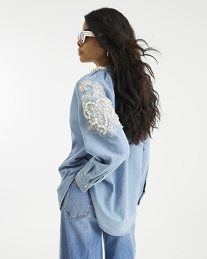 Blue Denim Pearl Collar Long Sleeve Shirt