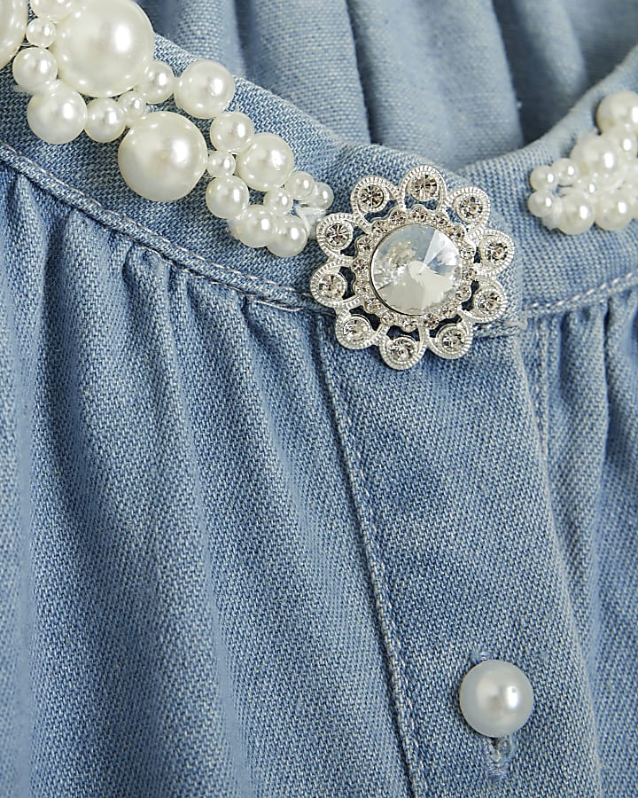 Blue Denim Pearl Collar Long Sleeve Shirt