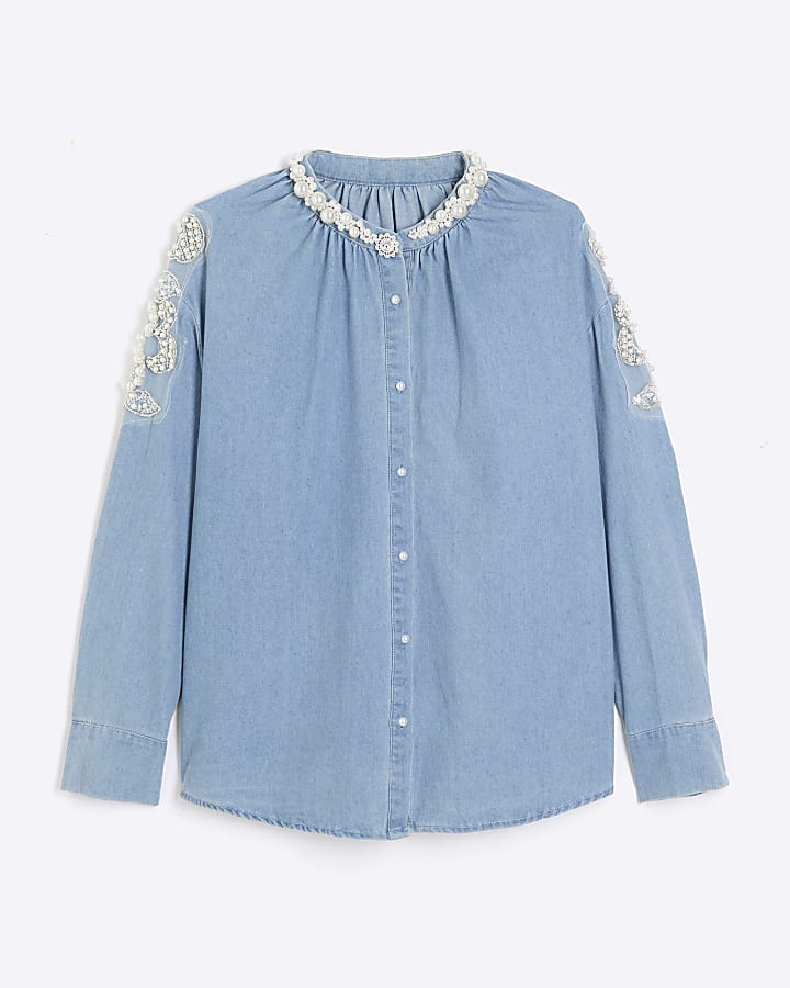 Blue Denim Pearl Collar Long Sleeve Shirt