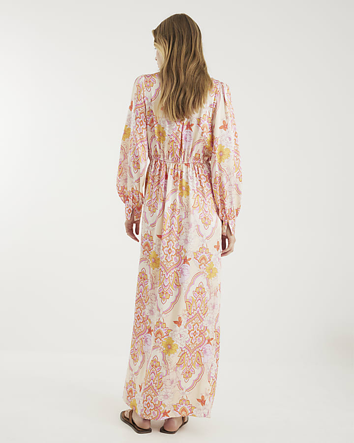Pink Floral Long Sleeve Twist Maxi Dress
