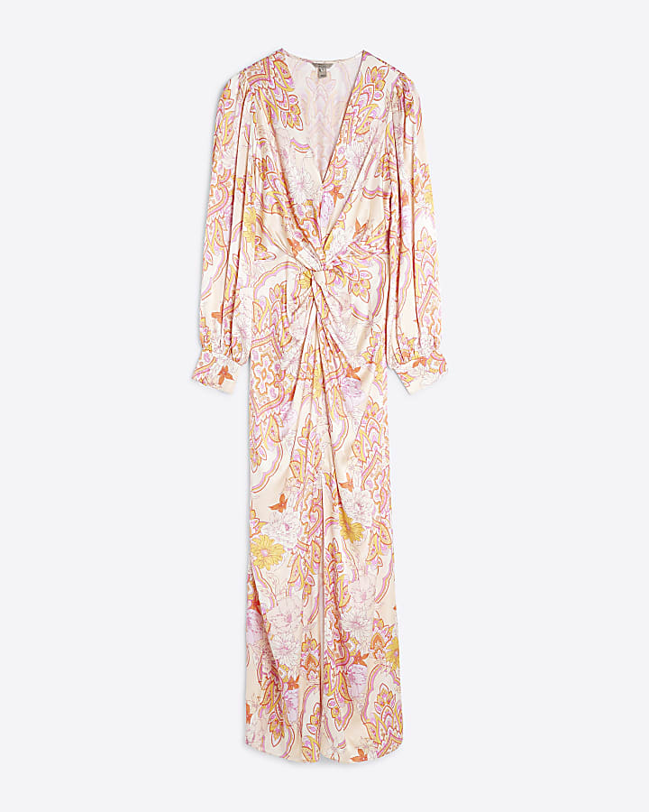 Pink Floral Long Sleeve Twist Maxi Dress