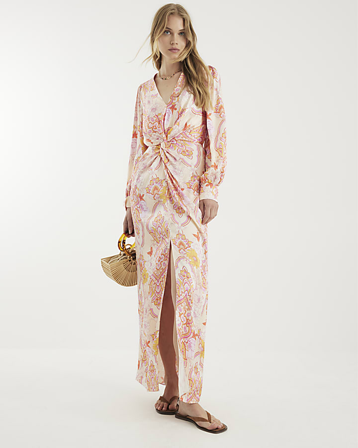 Pink Floral Long Sleeve Twist Maxi Dress