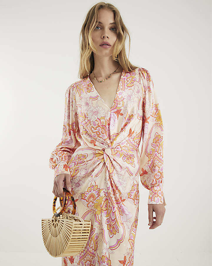 Pink Floral Long Sleeve Twist Maxi Dress