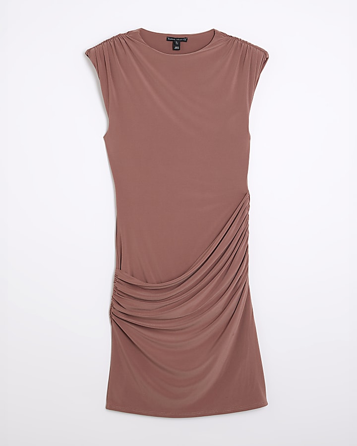 Brown Sleeveless Drape Mini Dress