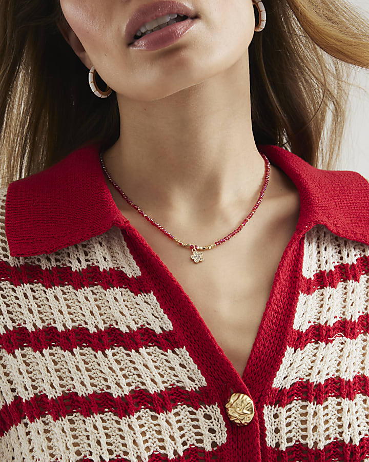 Red January Birthstone Beaded Necklace
