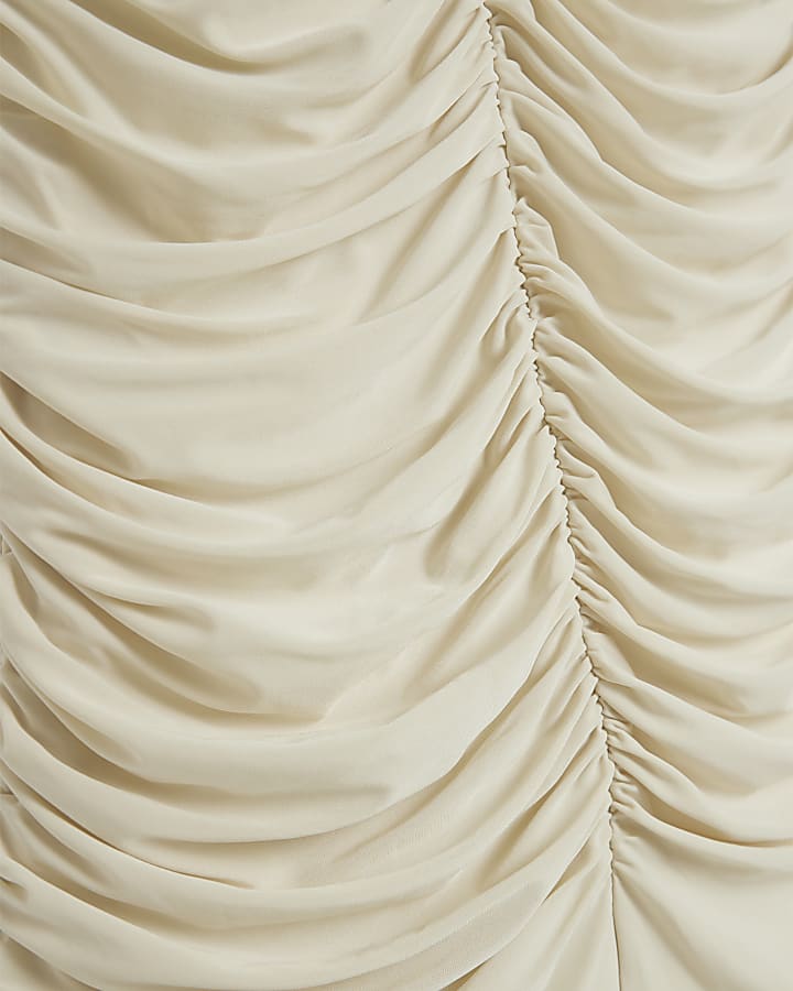 Cream Ruched Halter Neck Midi Dress