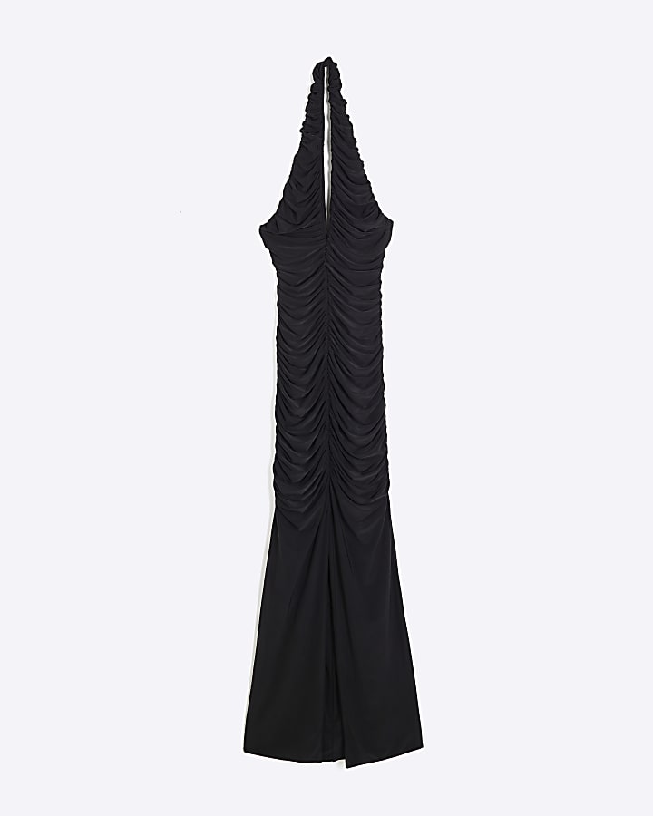 Black Ruched Halter Neck Midi Dress