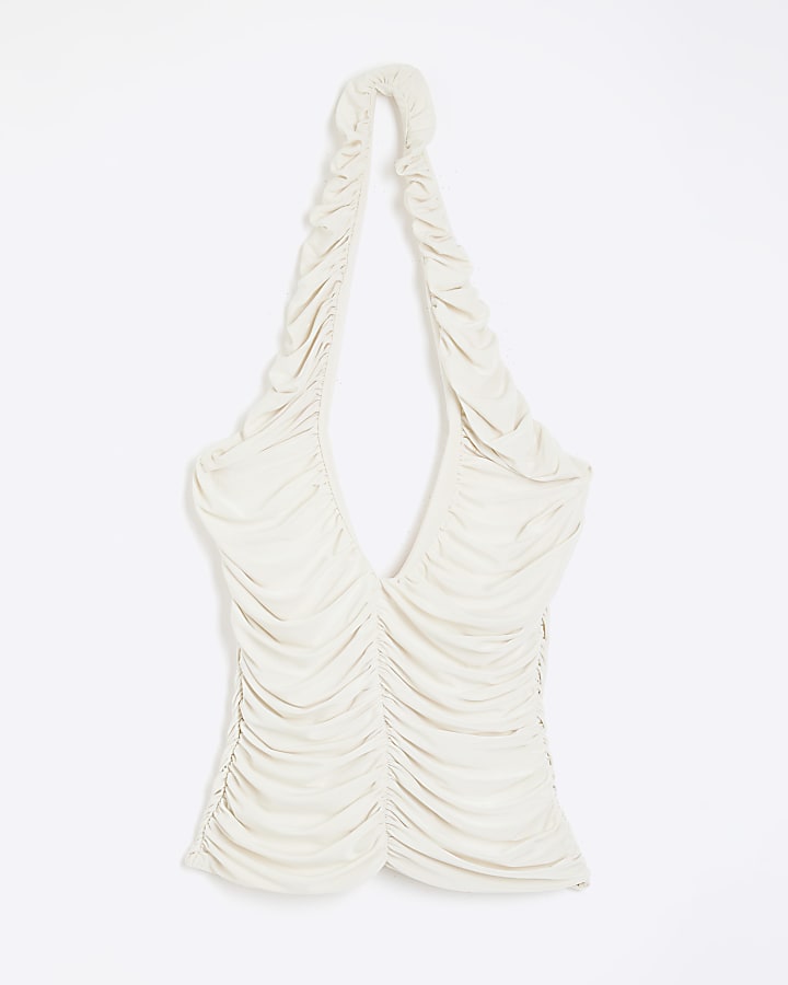 Cream Ruched Halter Neck Top