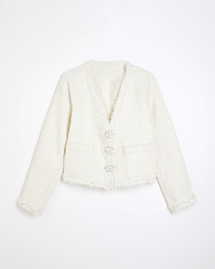 Cream Boucle Flower Button Jacket