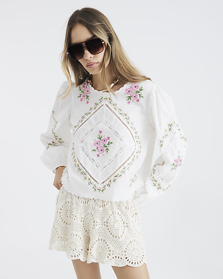 White Long Sleeve Floral Embroidered Blouse
