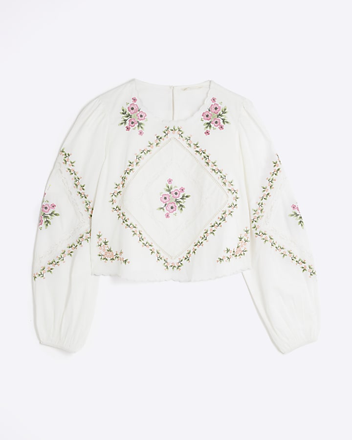 White Long Sleeve Floral Embroidered Blouse