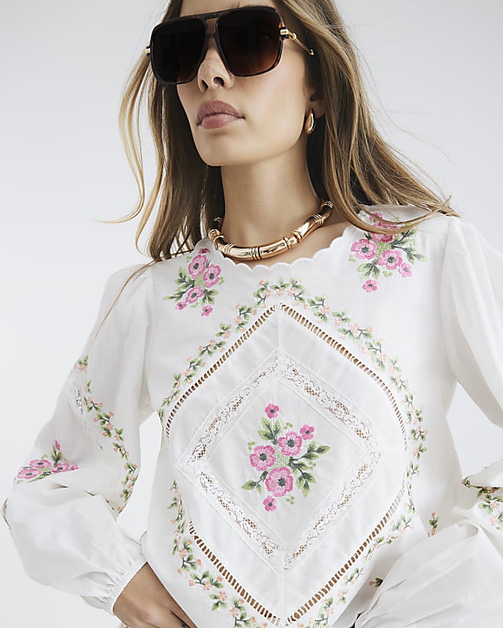 White Long Sleeve Floral Embroidered Blouse