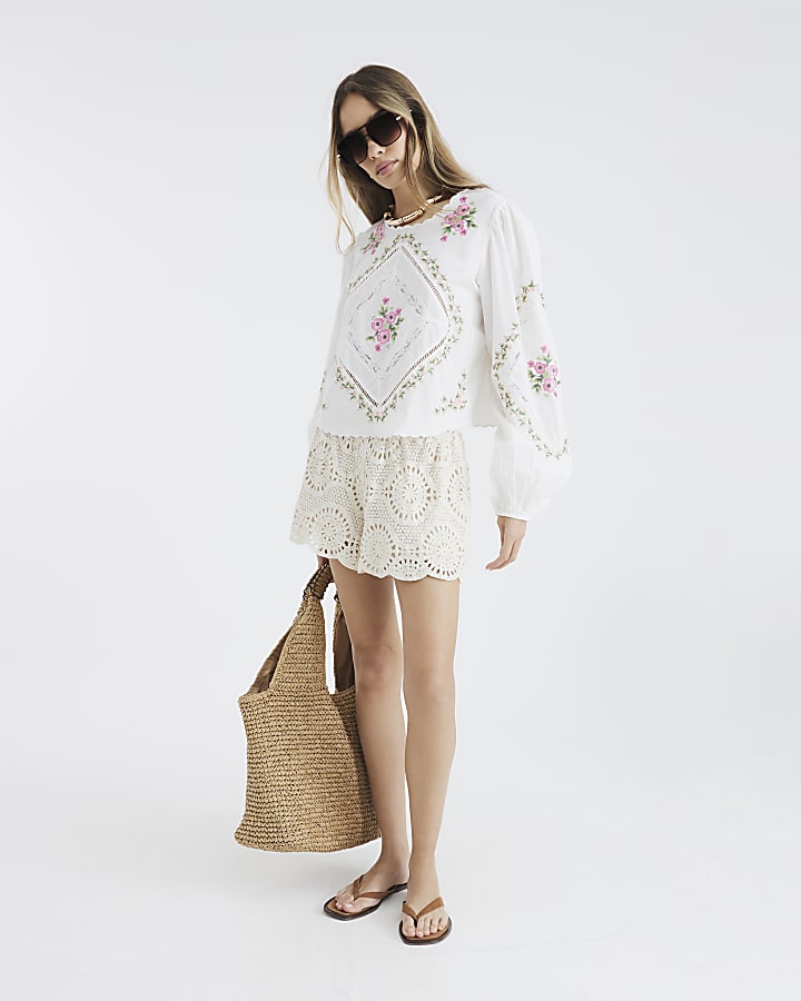 White Long Sleeve Floral Embroidered Blouse
