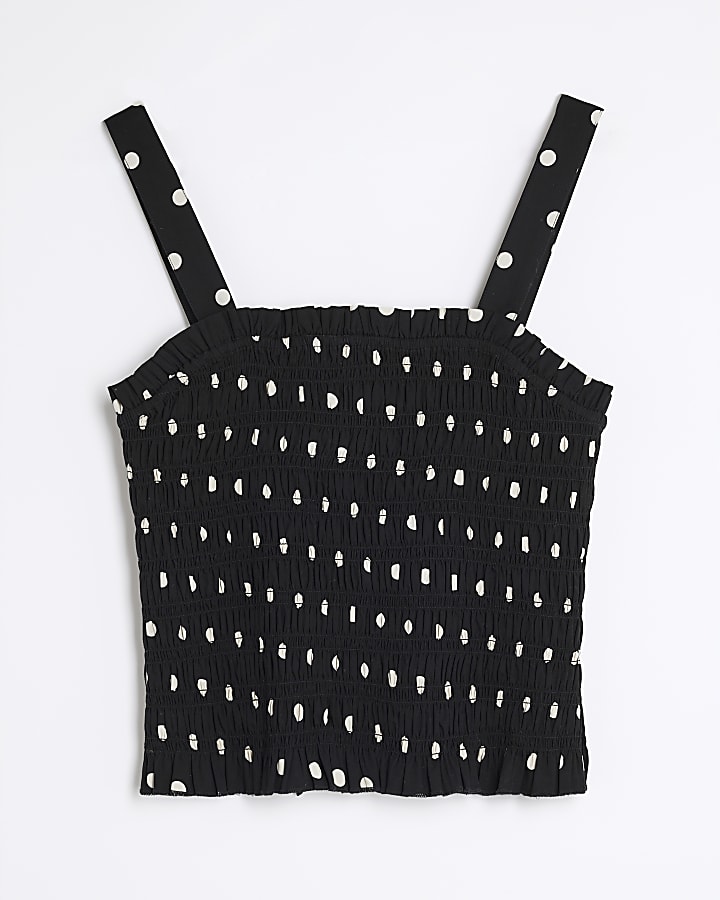Black Polka Dot Sleeveless Shirred Top