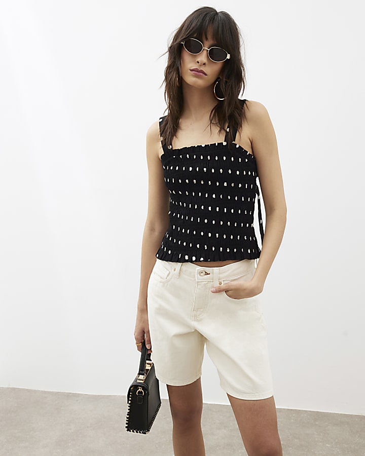 Black Polka Dot Sleeveless Shirred Top