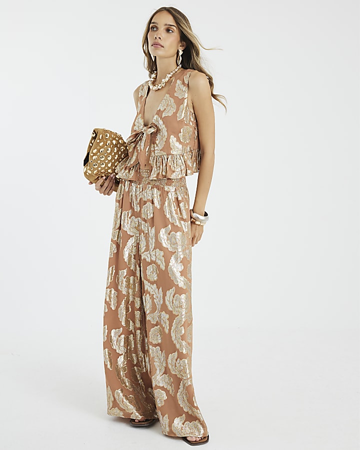 Brown Wide Leg Gold Floral Trousers
