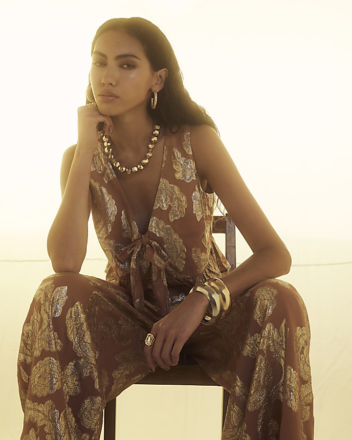 Brown Wide Leg Gold Floral Trousers
