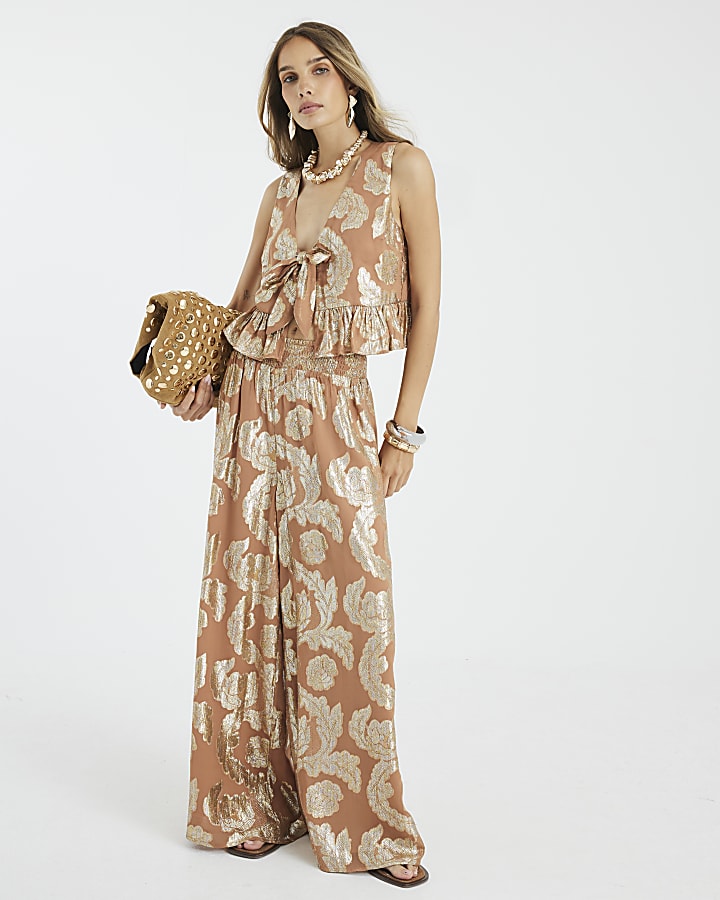 Brown Sleeveless Gold Floral Tie Waistcoat