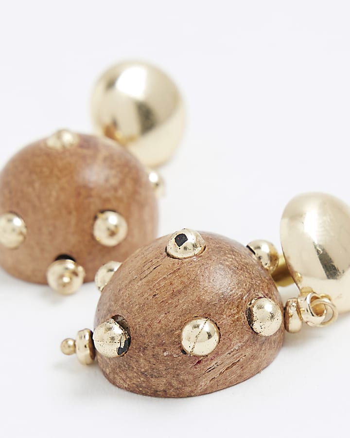 Brown Wood Baller Stud Earrings