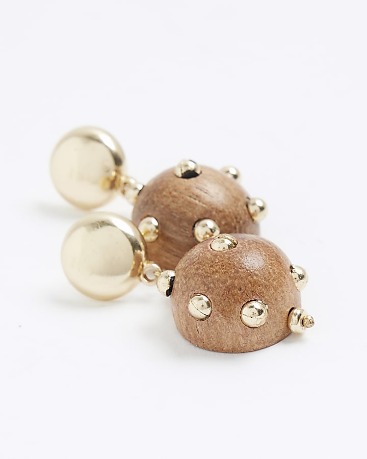 Brown Wood Baller Stud Earrings