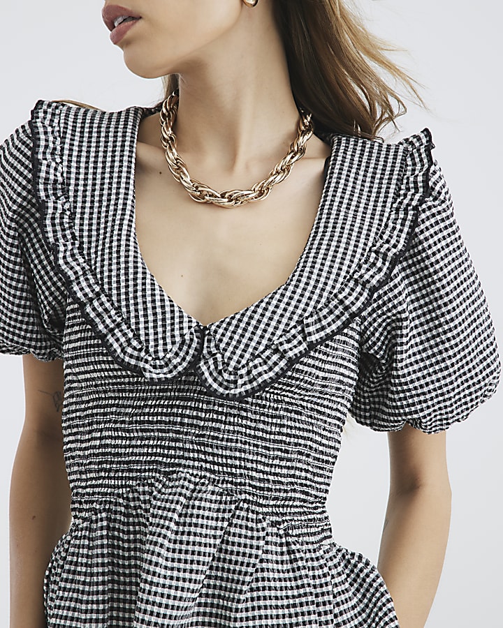 Black Gingham Short Sleeve Collared Top