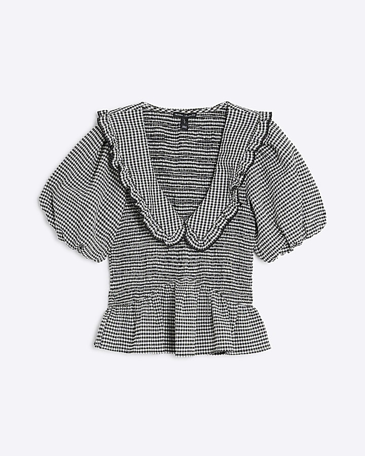 Black Gingham Short Sleeve Collared Top