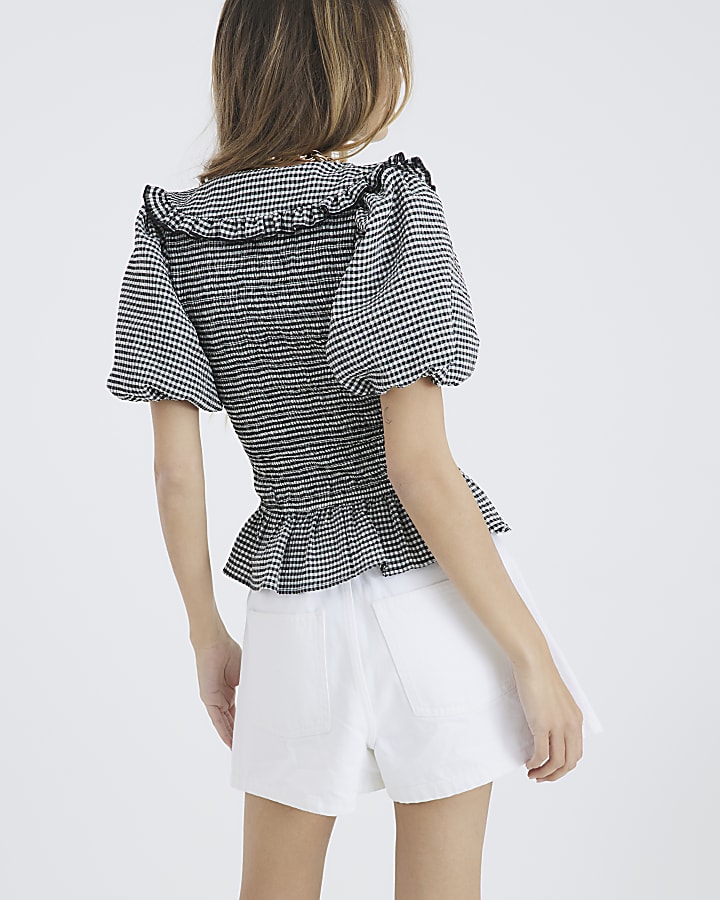 Black Gingham Short Sleeve Collared Top
