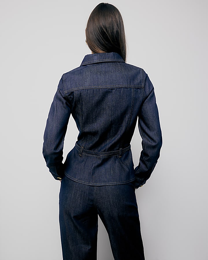 Denim Long Sleeve Belted Peplum Jacket