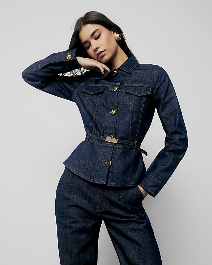 Denim Long Sleeve Belted Peplum Jacket