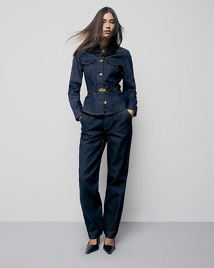 Denim Long Sleeve Belted Peplum Jacket