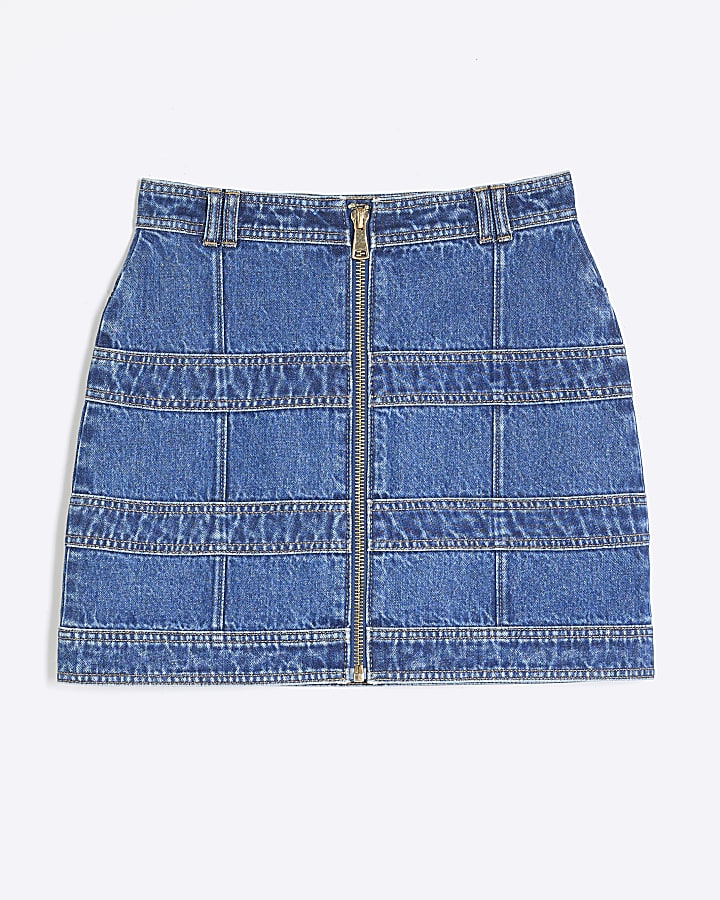Blue Denim Panelled Mini Skirt