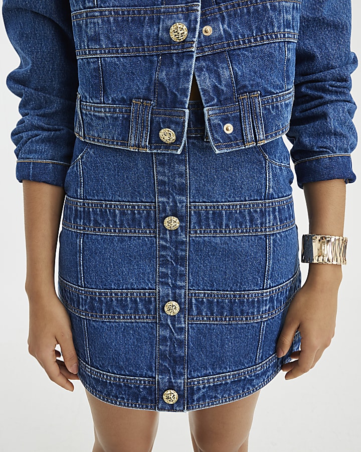 Blue Denim Panelled Mini Skirt