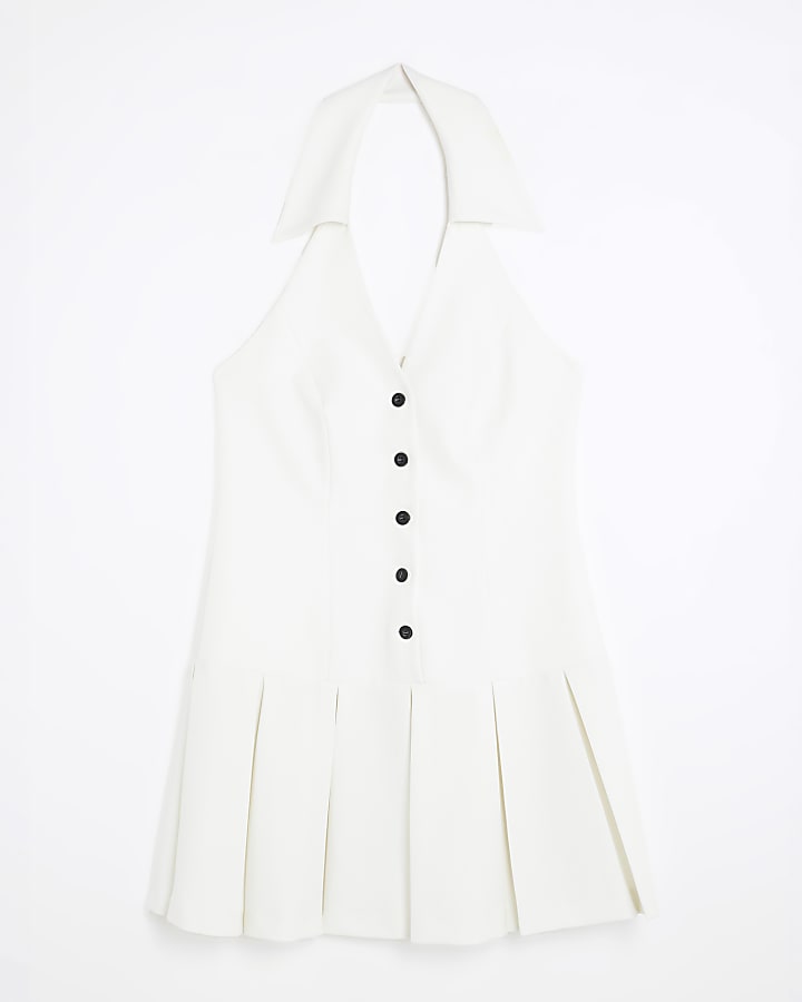 White Collared Pleated Mini Dress