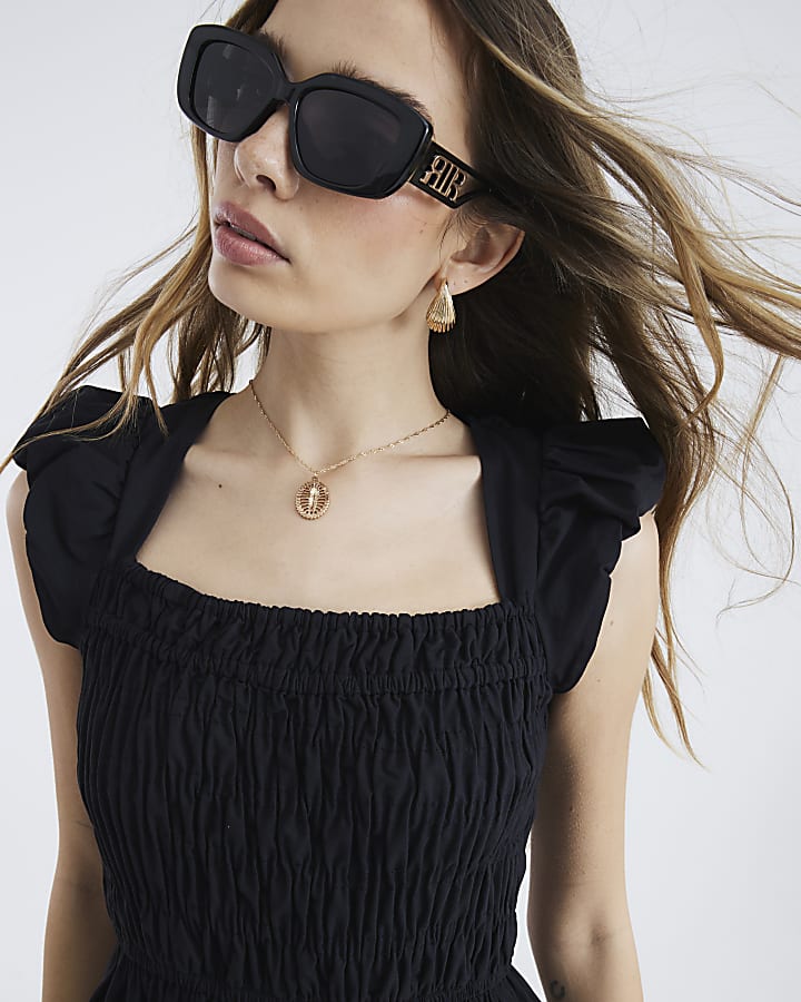 Black Cap Sleeve Shirred Midi Dress