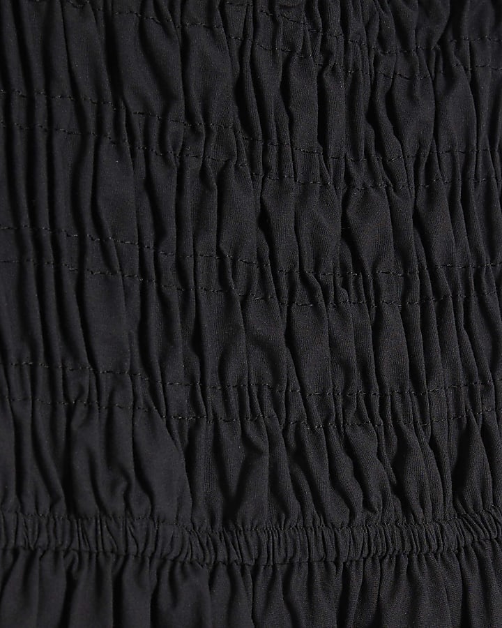 Black Cap Sleeve Shirred Midi Dress