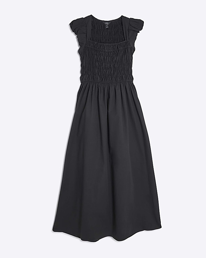 Black Cap Sleeve Shirred Midi Dress