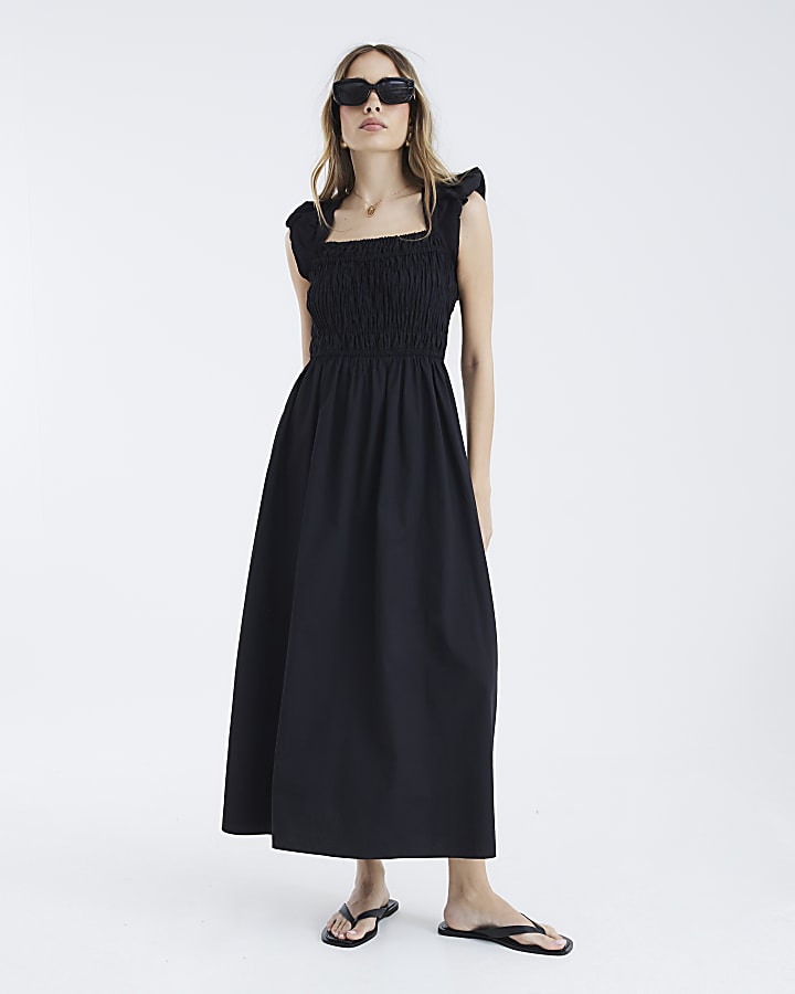 Black Cap Sleeve Shirred Midi Dress