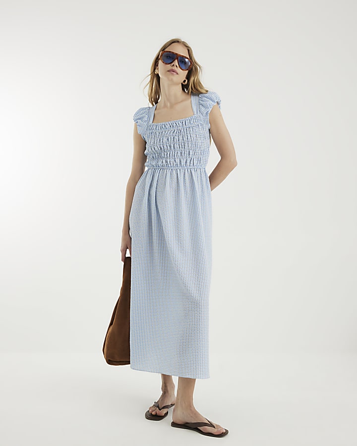 Blue Gingham Cap Sleeve Shirred Midi Dress