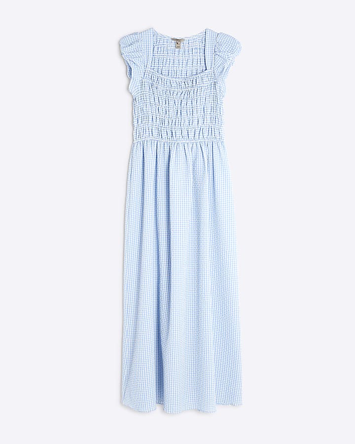 Blue Gingham Cap Sleeve Shirred Midi Dress