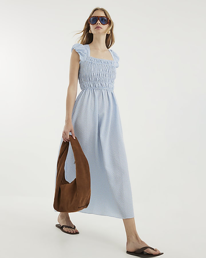 Blue Gingham Cap Sleeve Shirred Midi Dress