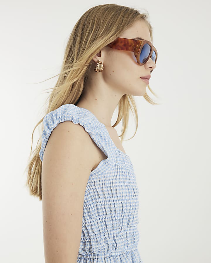 Blue Gingham Cap Sleeve Shirred Midi Dress