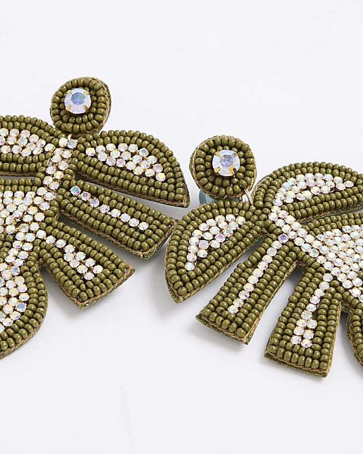 Green Embellished Palm Leaf Stud Earrings
