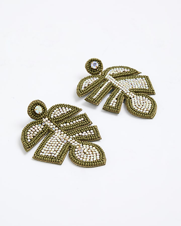 Green Embellished Palm Leaf Stud Earrings