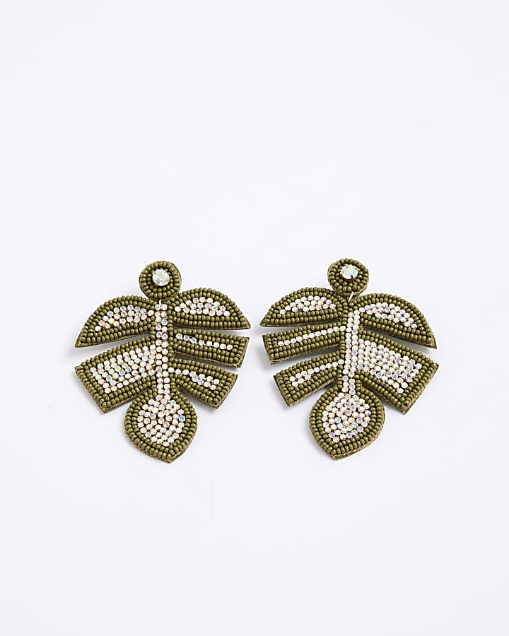 Green Embellished Palm Leaf Stud Earrings
